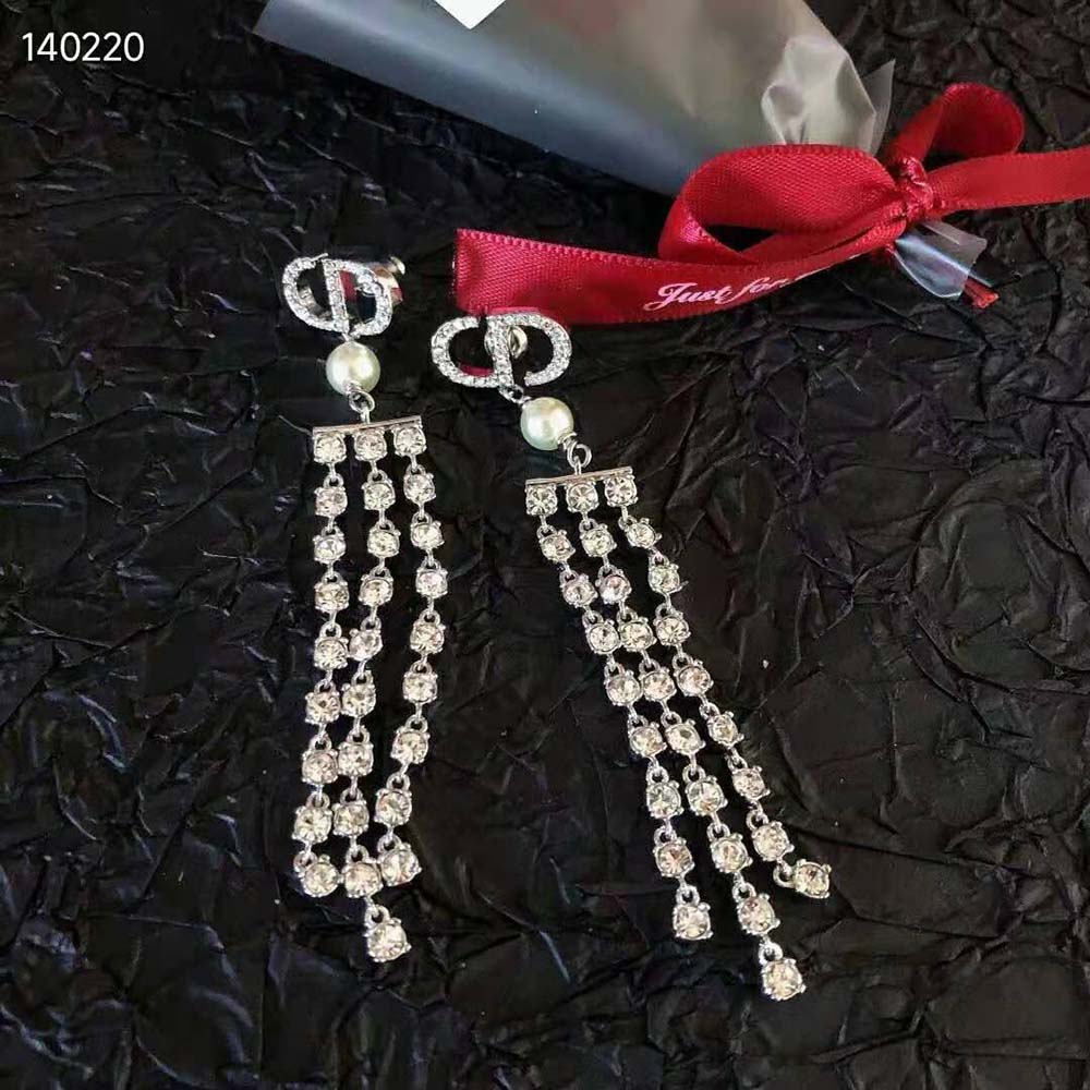 Dior Women 30 Montaigne Earrings Silver-Finish Metal with White Resin Pearls and Silver-Tone Crystals - image 8