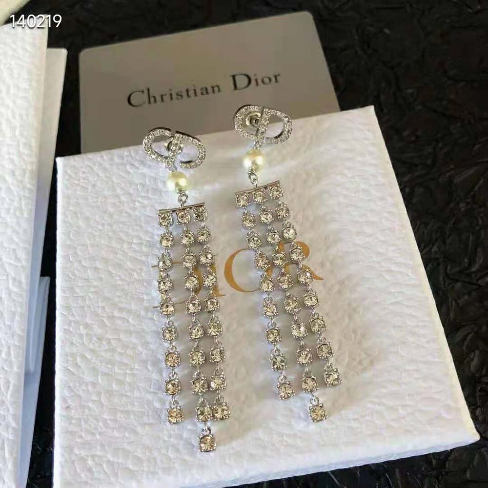 Dior Women 30 Montaigne Earrings Silver-Finish Metal with White Resin Pearls and Silver-Tone Crystals - image 4