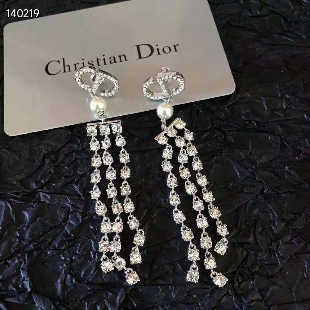 Dior Women 30 Montaigne Earrings Silver-Finish Metal with White Resin Pearls and Silver-Tone Crystals - image 7