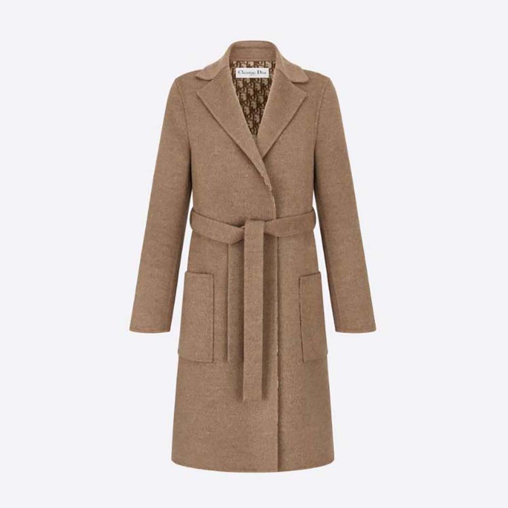 Front view of Dior Women Coat with Belt Brown Double-Sided Wool