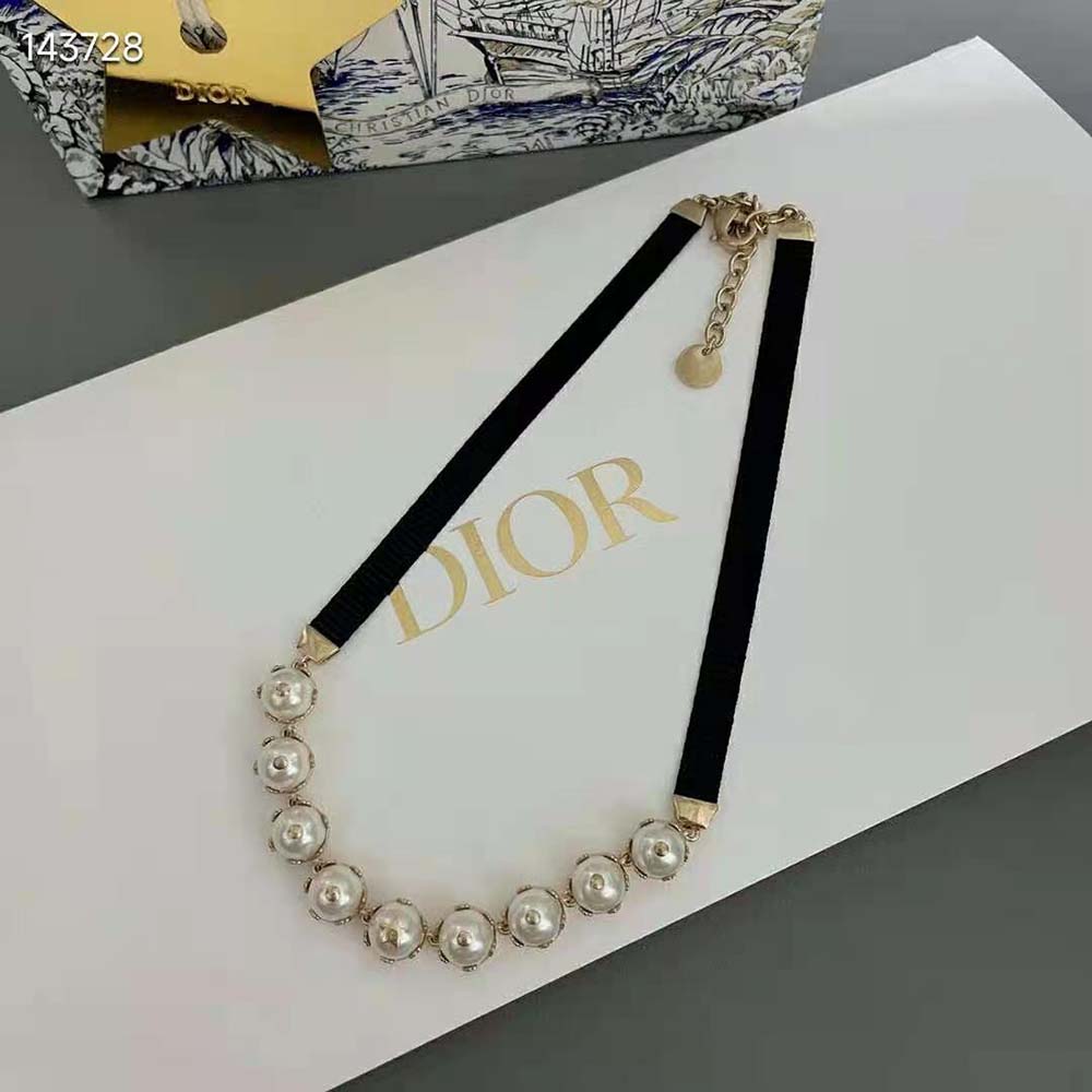 Dior Women D-Renaissance Choker Gold-Finish Metal with Black Grosgrain and White Resin Pearls - image 5