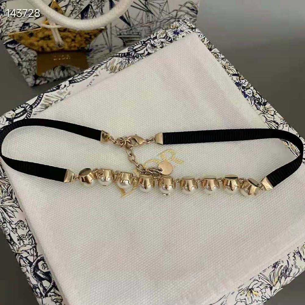 Dior Women D-Renaissance Choker Gold-Finish Metal with Black Grosgrain and White Resin Pearls - image 6