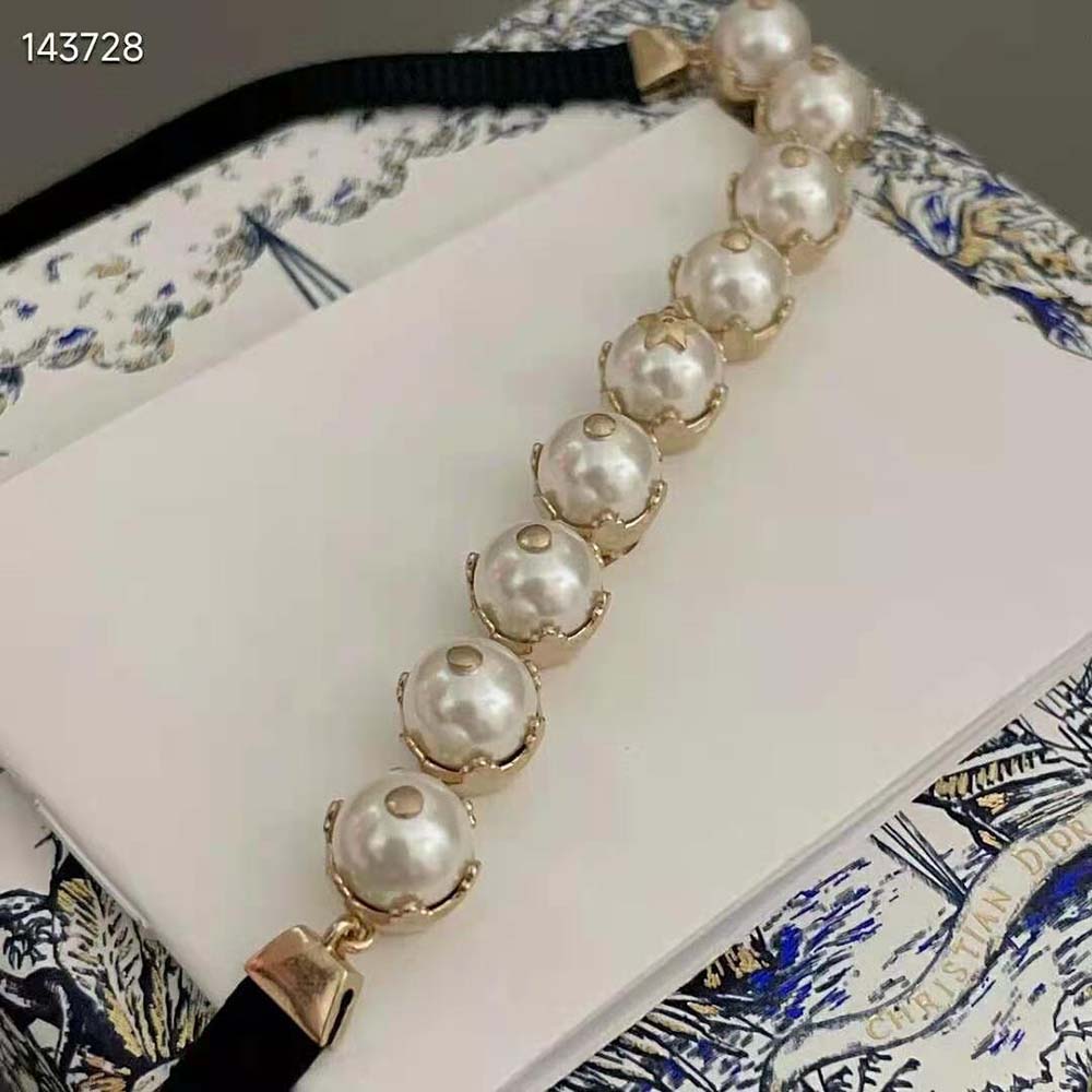 Dior Women D-Renaissance Choker Gold-Finish Metal with Black Grosgrain and White Resin Pearls - image 7