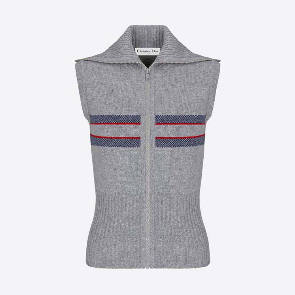 Front view of Dior Women Dioralps Sleeveless Zipped Sweater Gray knit