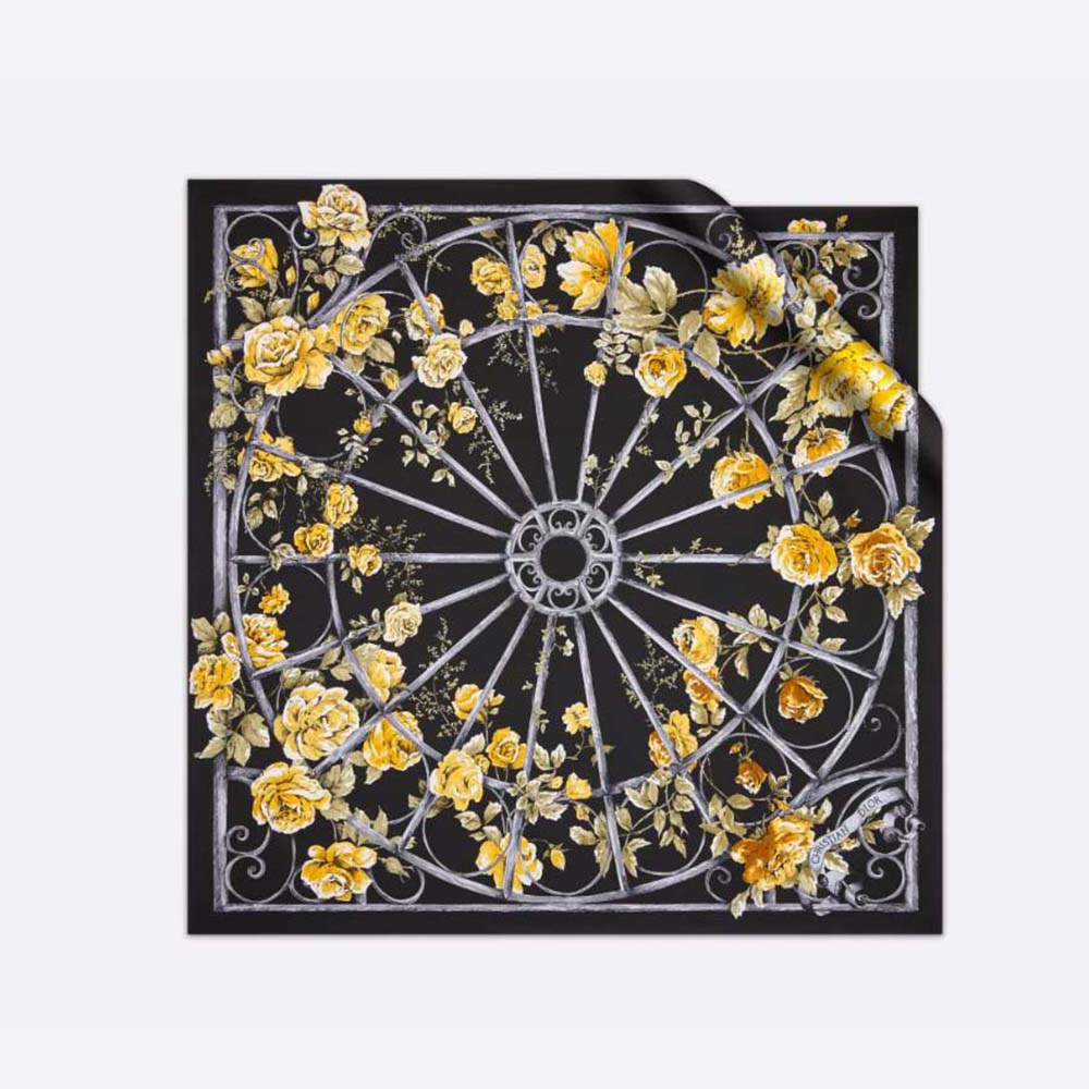 Front view of Dior Women Granville 90 Square Scarf Black and Gold-Tone Silk Twill