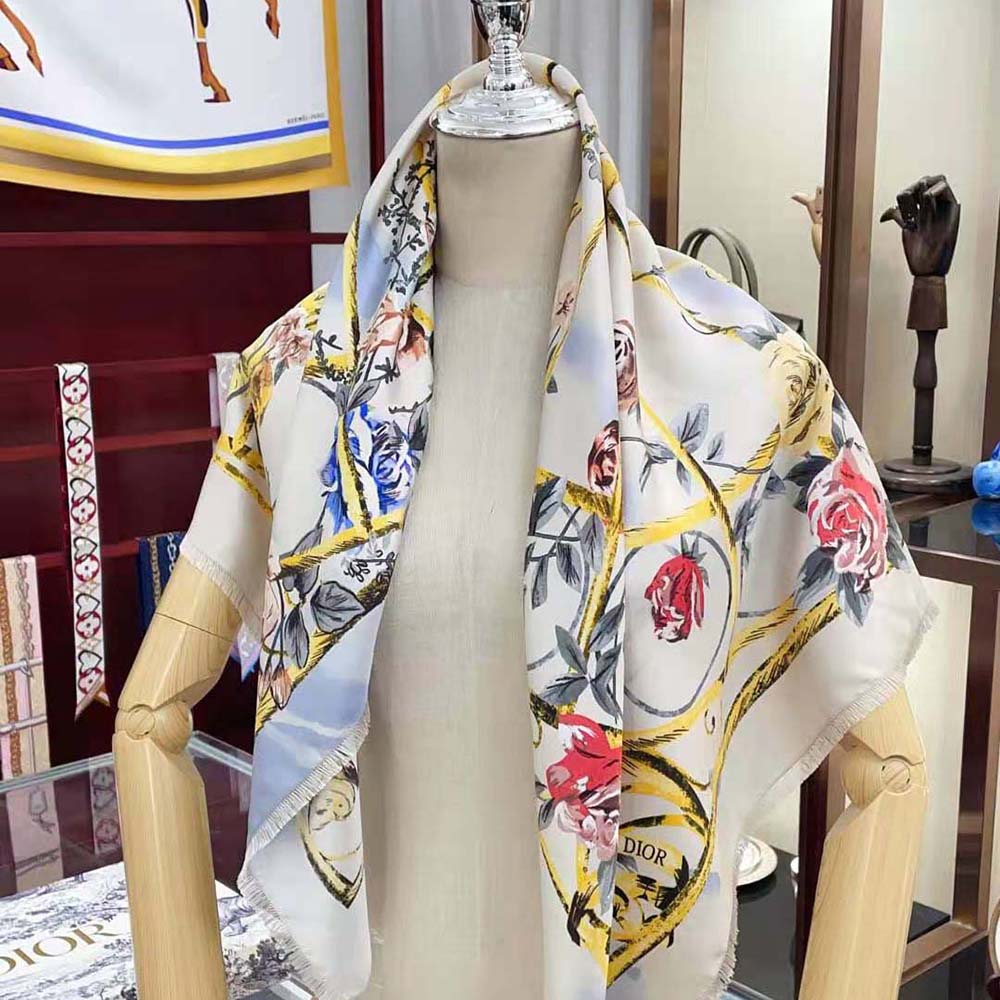 Close-up of silk twill texture and Dior logo detail scarf