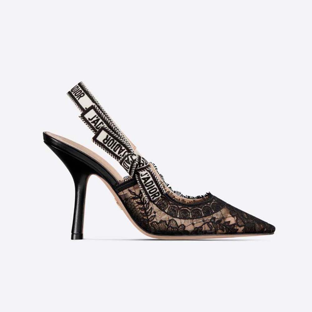 Side view of Dior Women J’Adior Slingback Pump black mesh embroidery