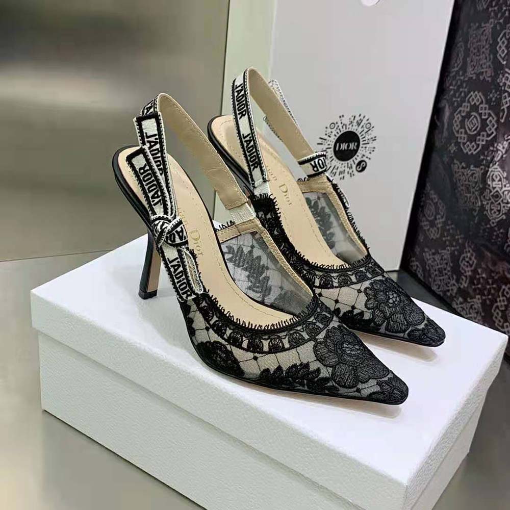 Rear angle showing black slingback strap and stiletto heel