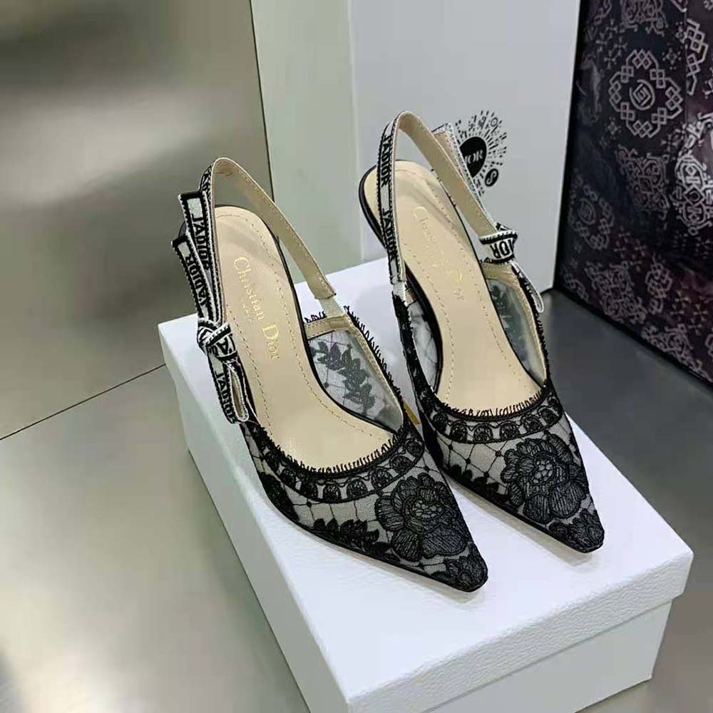 Close-up on Dior rose embroidery detail on slingback pump