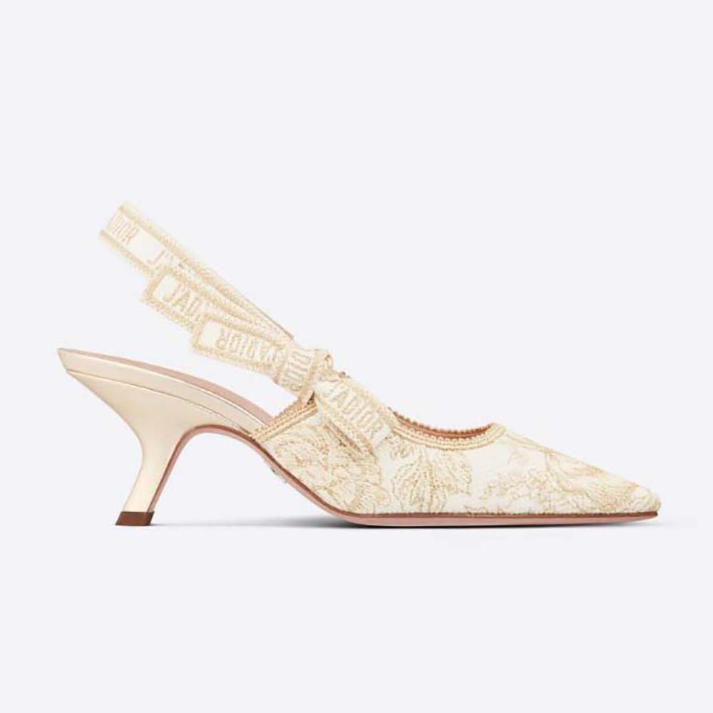 Side angle of Dior Women J’Adior Slingback Pump Gold-Tone Cotton Embroidered