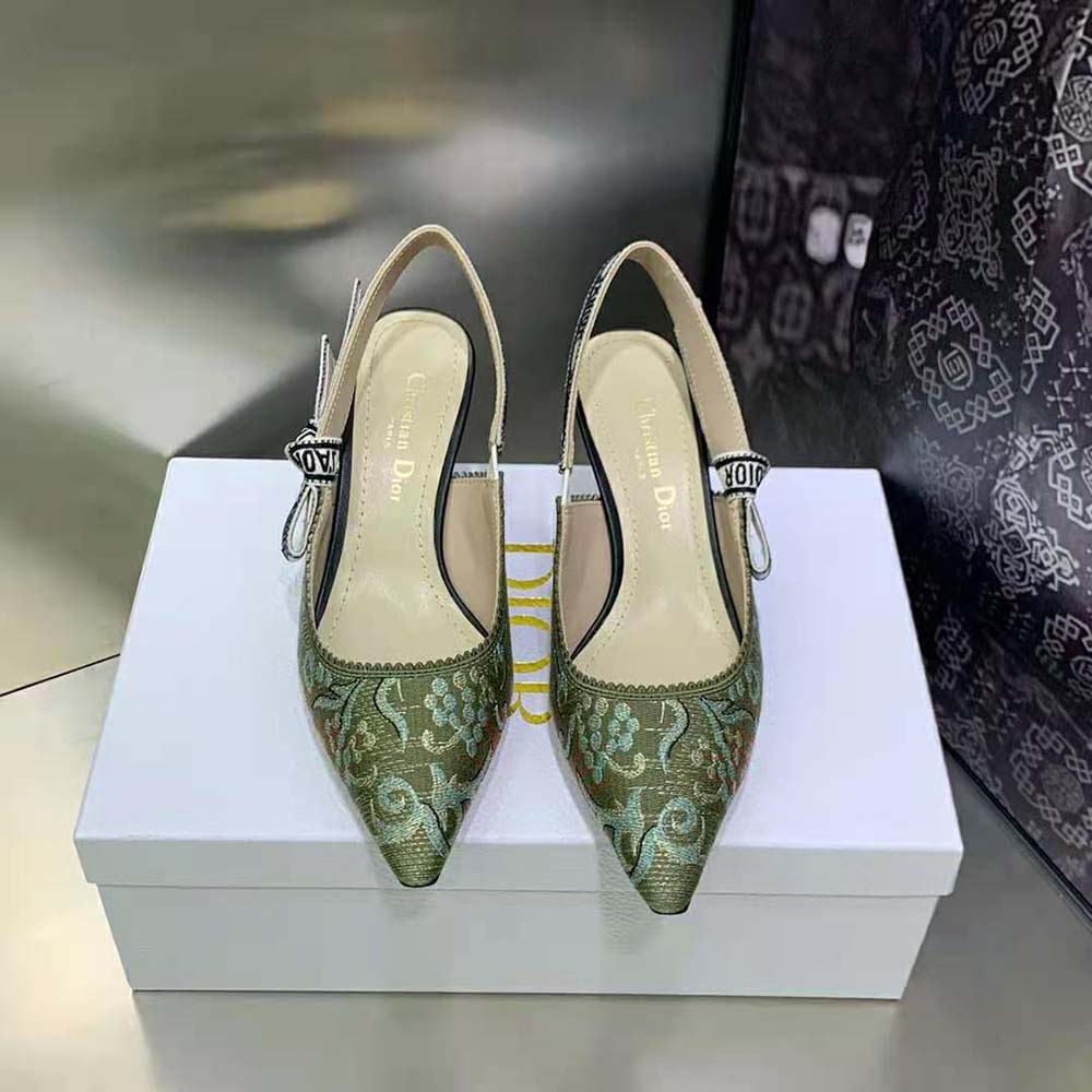 Close-up of gold-tone metallic thread embroidery on Dior slingback pump