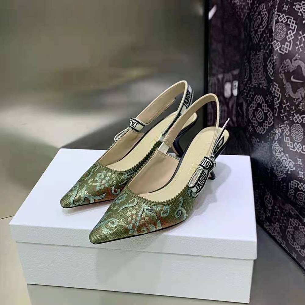 Dior Women J’Adior Slingback Pump Sky Blue Dior Brocart Embroidered Cotton with Gold-Tone Metallic Thread - image 4