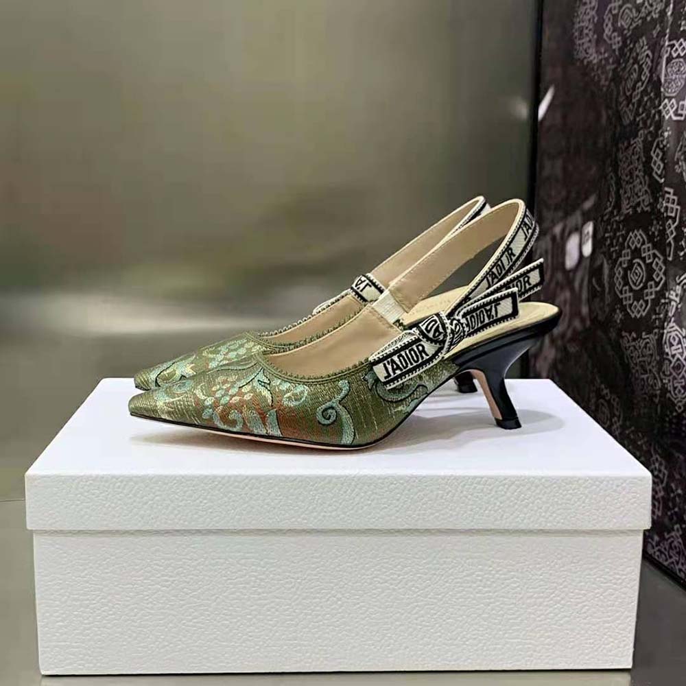 Dior Women J’Adior Slingback Pump Sky Blue Dior Brocart Embroidered Cotton with Gold-Tone Metallic Thread - image 6