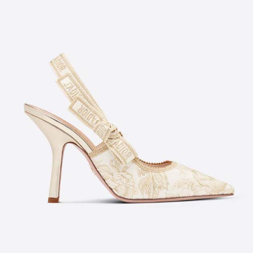 Side view of Dior Women J’Adior Slingback Pump White and Gold-Tone Cotton Embroidered