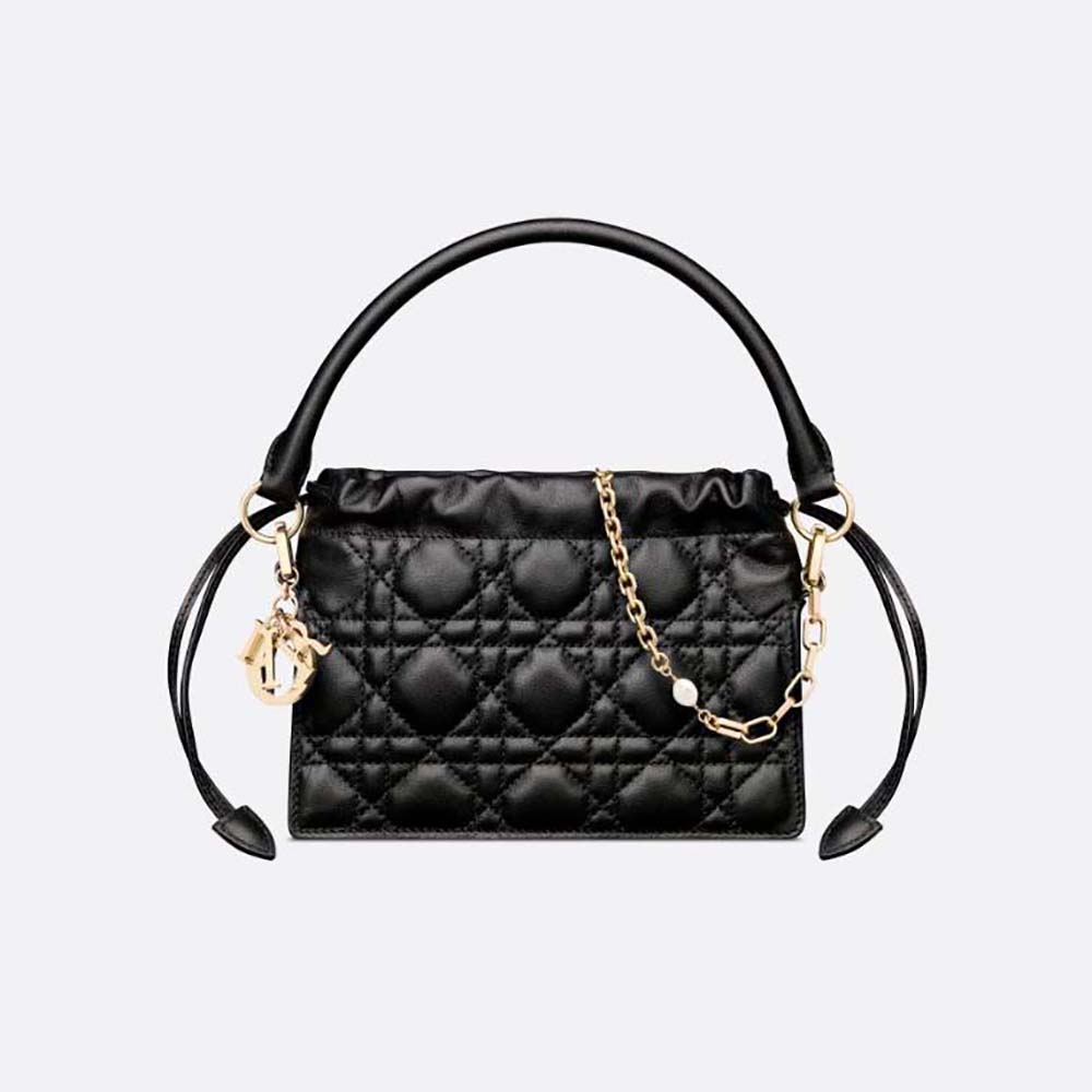Front view of Dior Women Lady Dior Top Handle Drawstring Mini Bag Black Cannage Lambskin