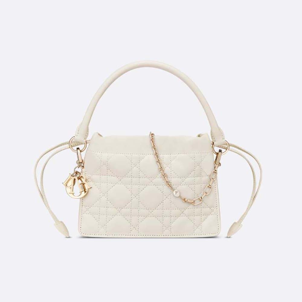 Front view of Dior Women Lady Dior Top Handle Drawstring Mini Bag Latte Cannage Lambskin