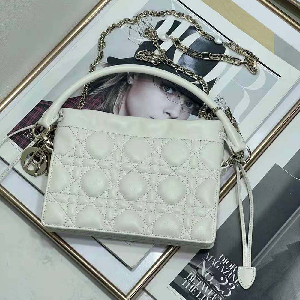 Dior Women Lady Dior Top Handle Drawstring Mini Bag Latte Cannage Lambskin - image 4