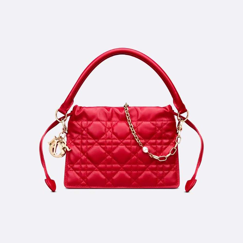 Front view of Dior Women Lady Dior Top Handle Drawstring Mini Bag Scarlet Red