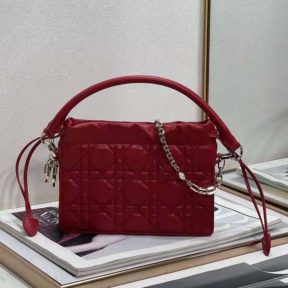 Close-up of Cannage lambskin texture and hardware detail on Lady Dior mini bag