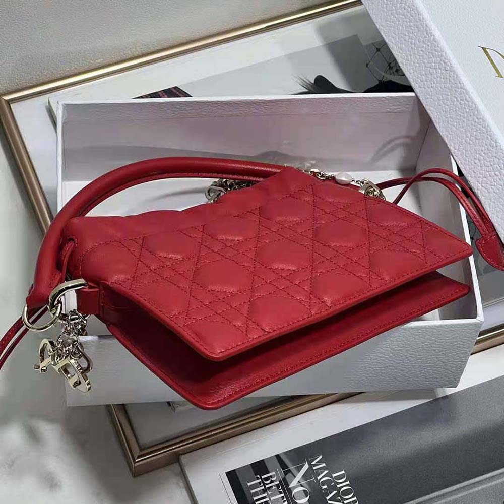Dior Women Lady Dior Top Handle Drawstring Mini Bag Scarlet Red Cannage Lambskin - image 4
