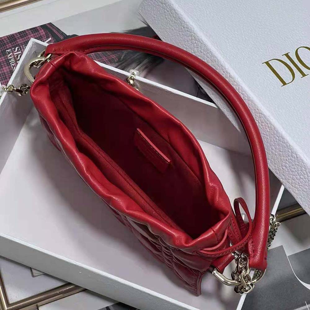 Dior Women Lady Dior Top Handle Drawstring Mini Bag Scarlet Red Cannage Lambskin - image 5