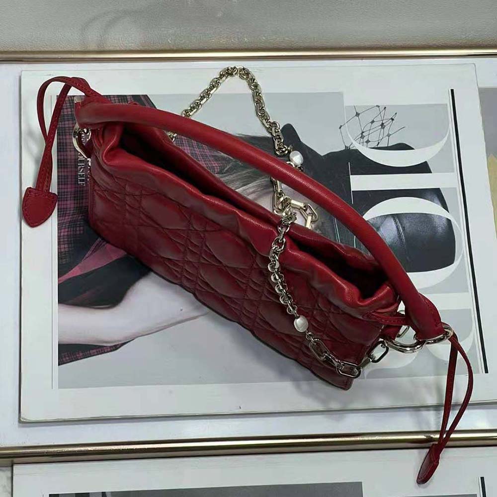 Dior Women Lady Dior Top Handle Drawstring Mini Bag Scarlet Red Cannage Lambskin - image 6