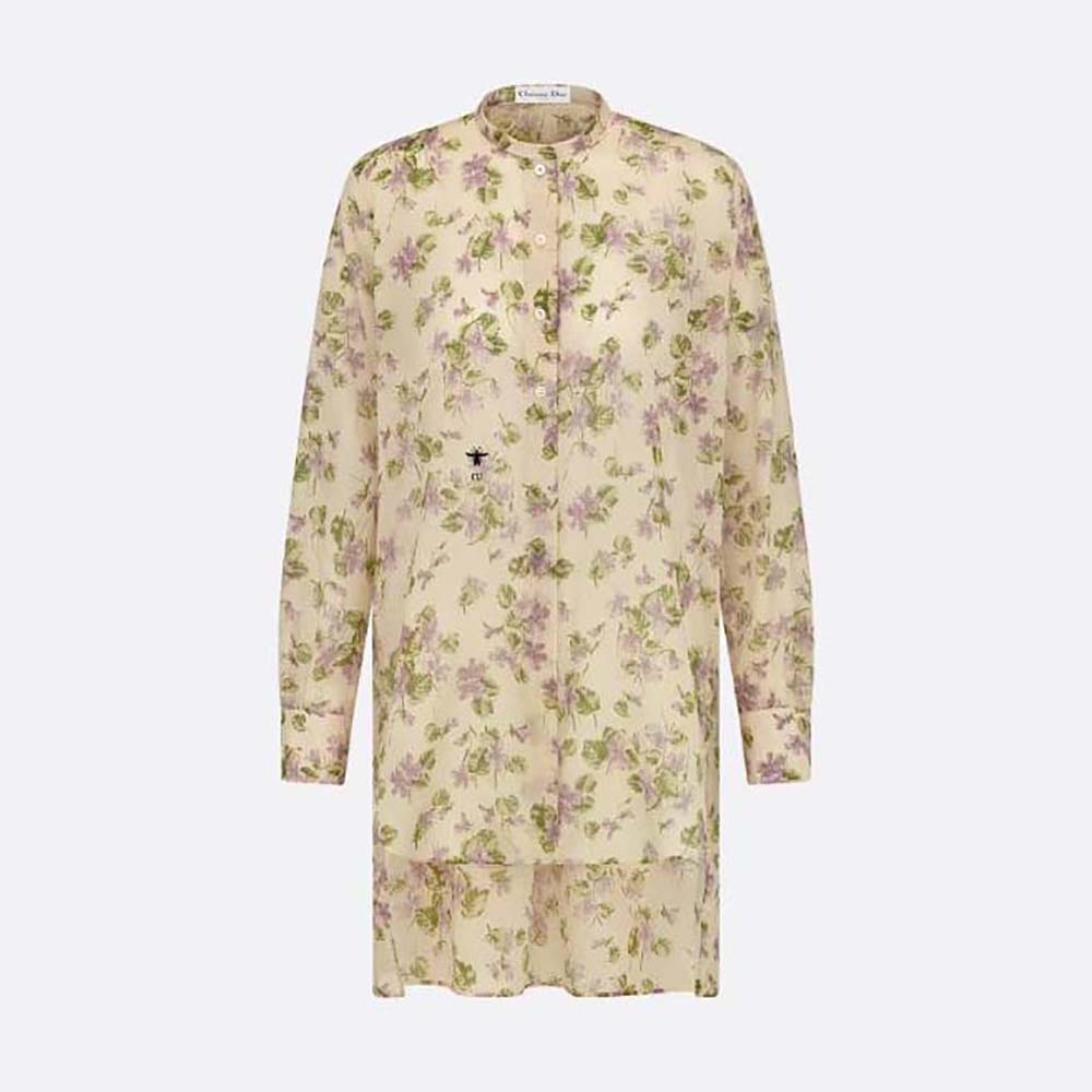 Front view of Dior Women Long Blouse Multicolor Cotton Voile with Violets Motif
