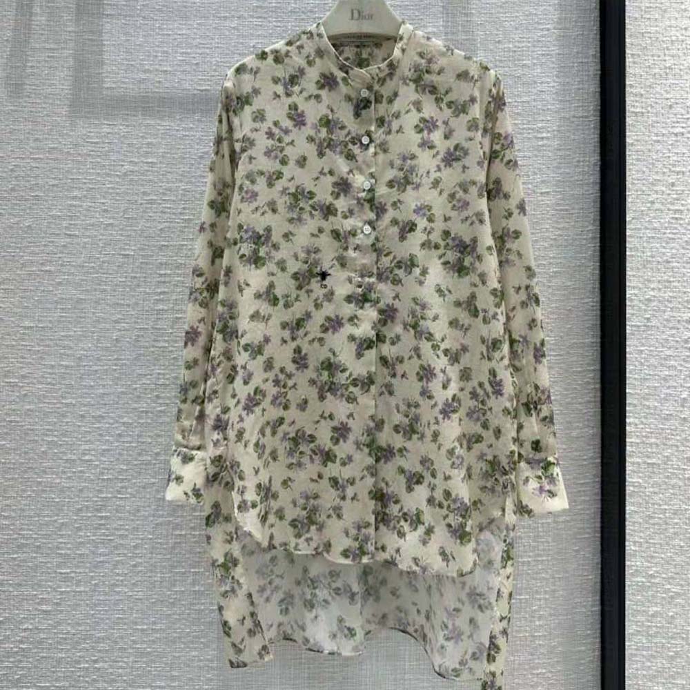 Close-up detail of embroidered violets on Dior Women Long Blouse