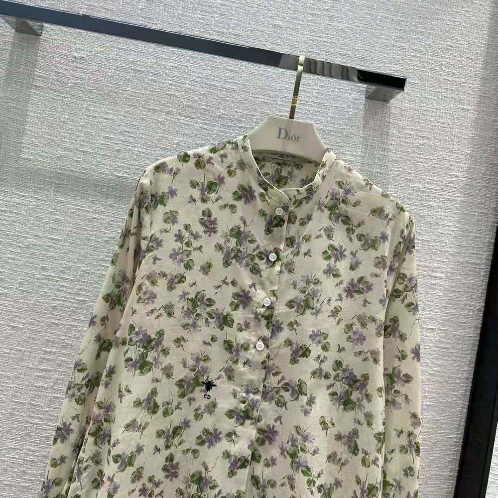 Dior Women Long Blouse Multicolor Cotton Voile with Violets Motif - image 5
