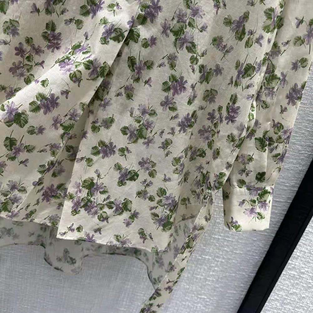 Dior Women Long Blouse Multicolor Cotton Voile with Violets Motif - image 7