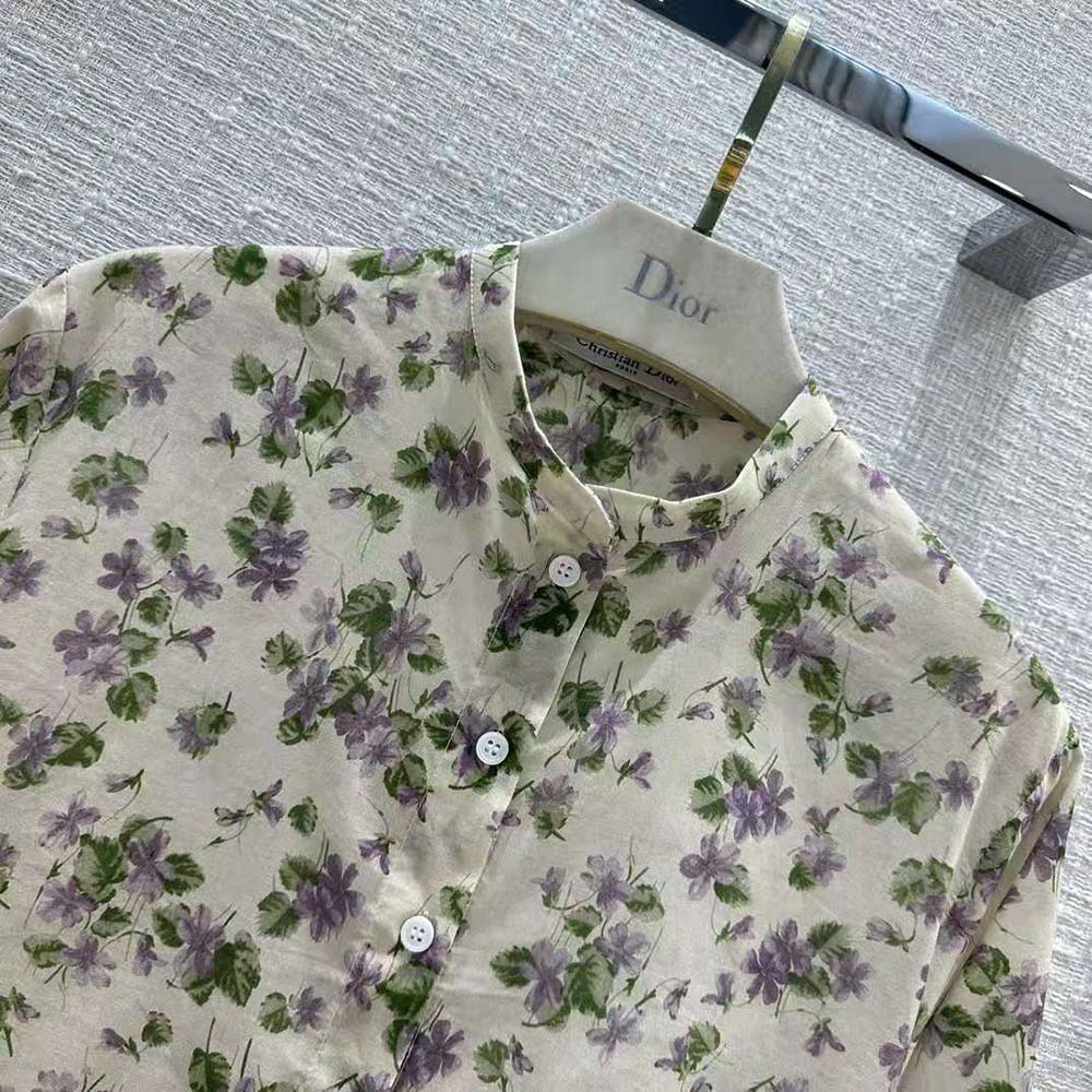 Dior Women Long Blouse Multicolor Cotton Voile with Violets Motif - image 4