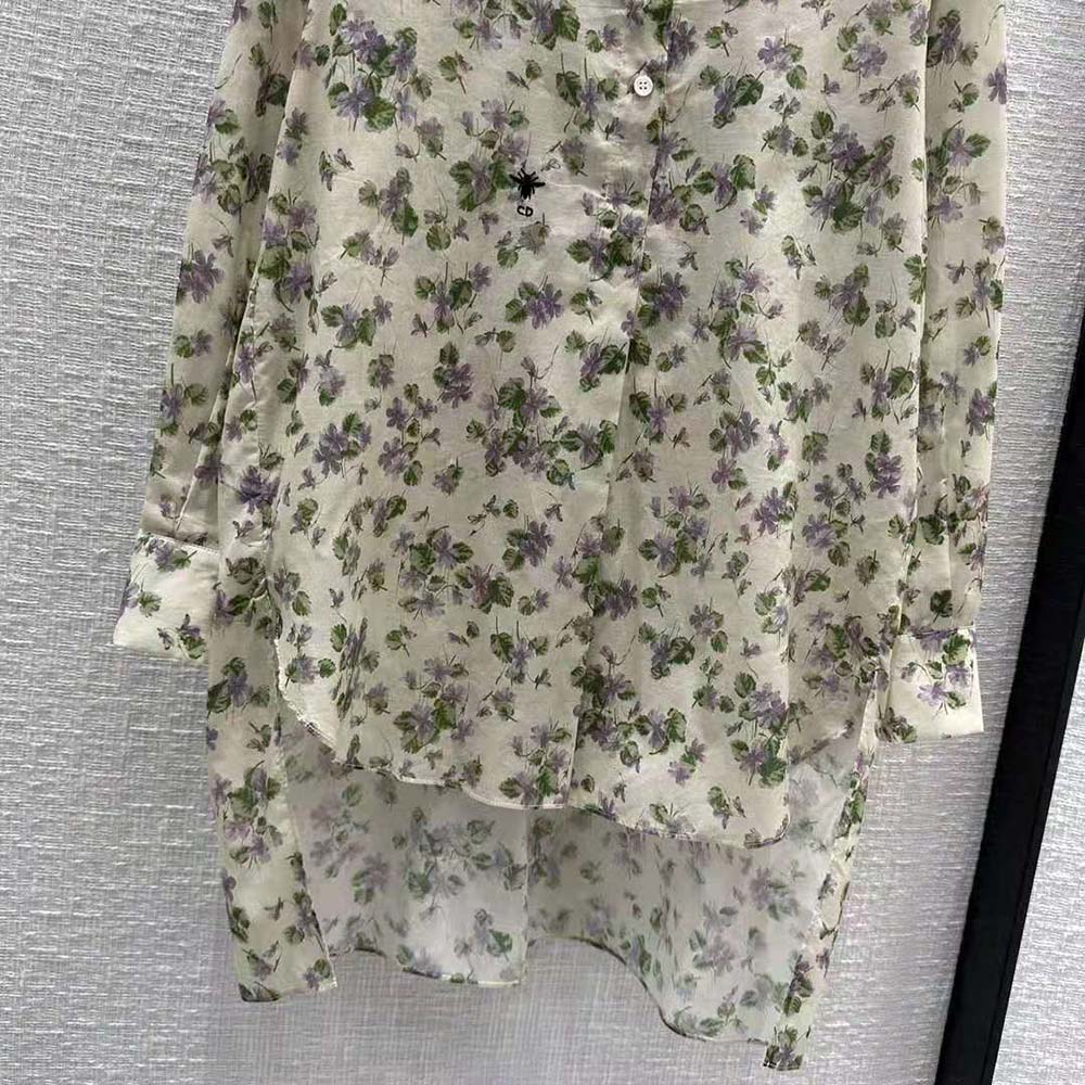 Dior Women Long Blouse Multicolor Cotton Voile with Violets Motif - image 6