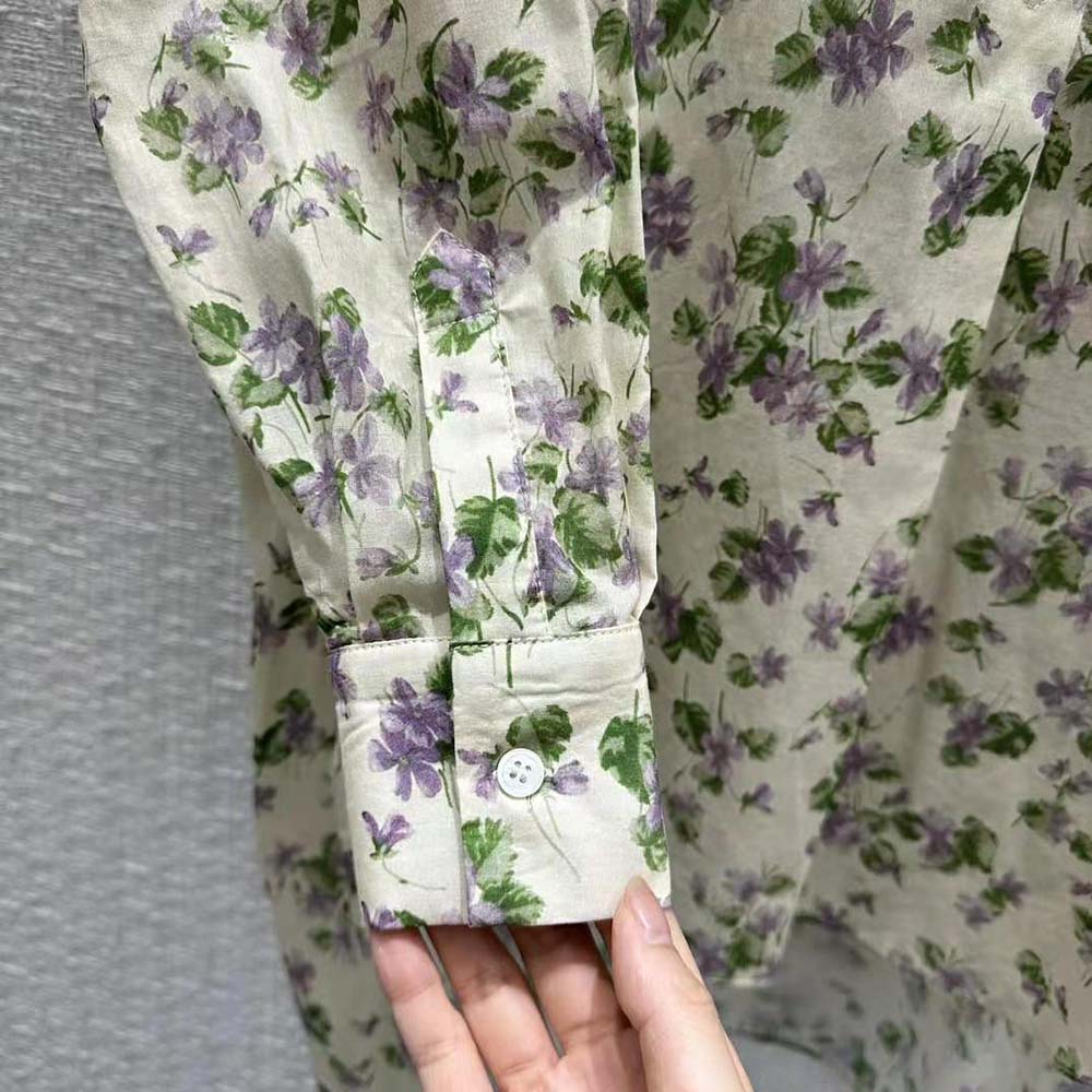 Dior Women Long Blouse Multicolor Cotton Voile with Violets Motif - image 8