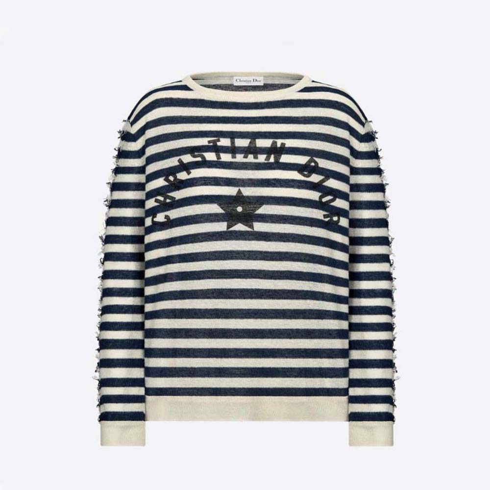 Front view of Dior Women Marinière Sweater Navy Blue and White Knit