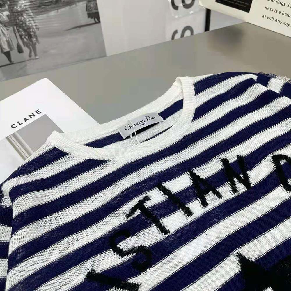 Dior Women Marinière Sweater Navy Blue and White Linen Cashmere and Silk Knit with Signature - image 4