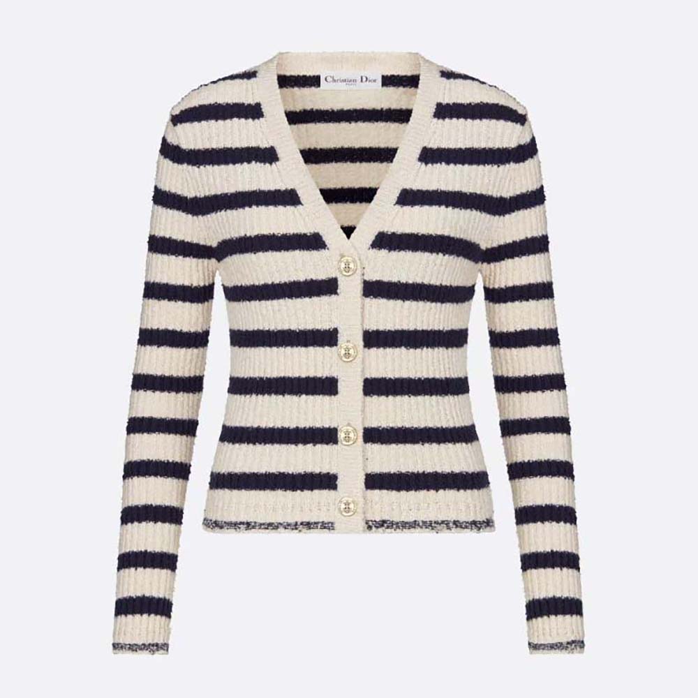 Front view of Dior Women Marinière Twin-Set Ecru and Navy Blue Cotton Knit