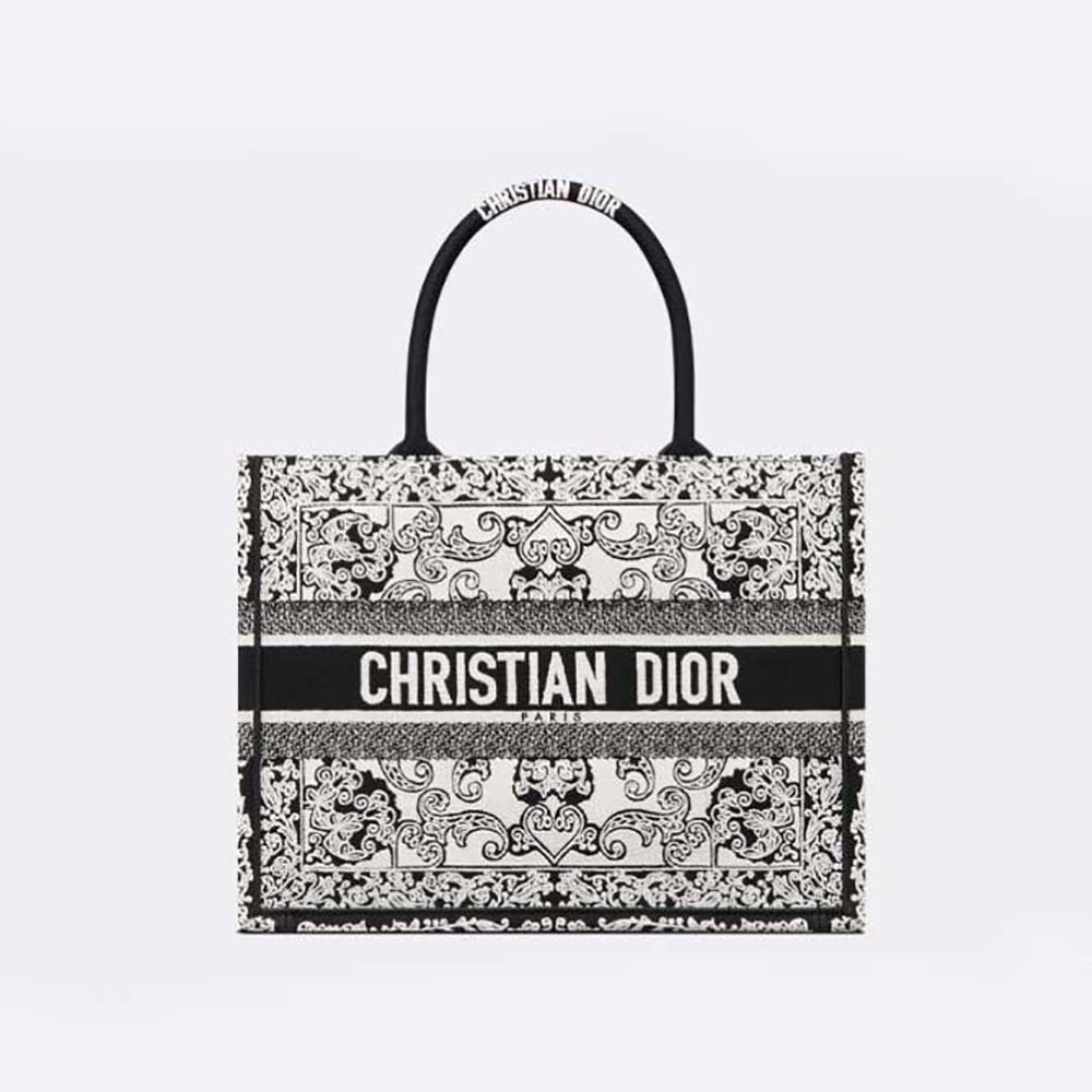 Front view of Dior Women Medium Dior Book Tote White and Black Dior Bandana Embroidery