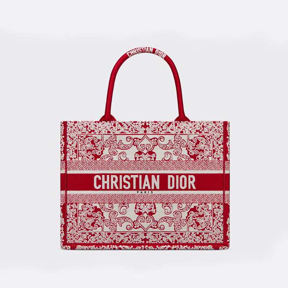 Front view of Dior Women Medium Dior Book Tote White and Red Dior Bandana Embroidery