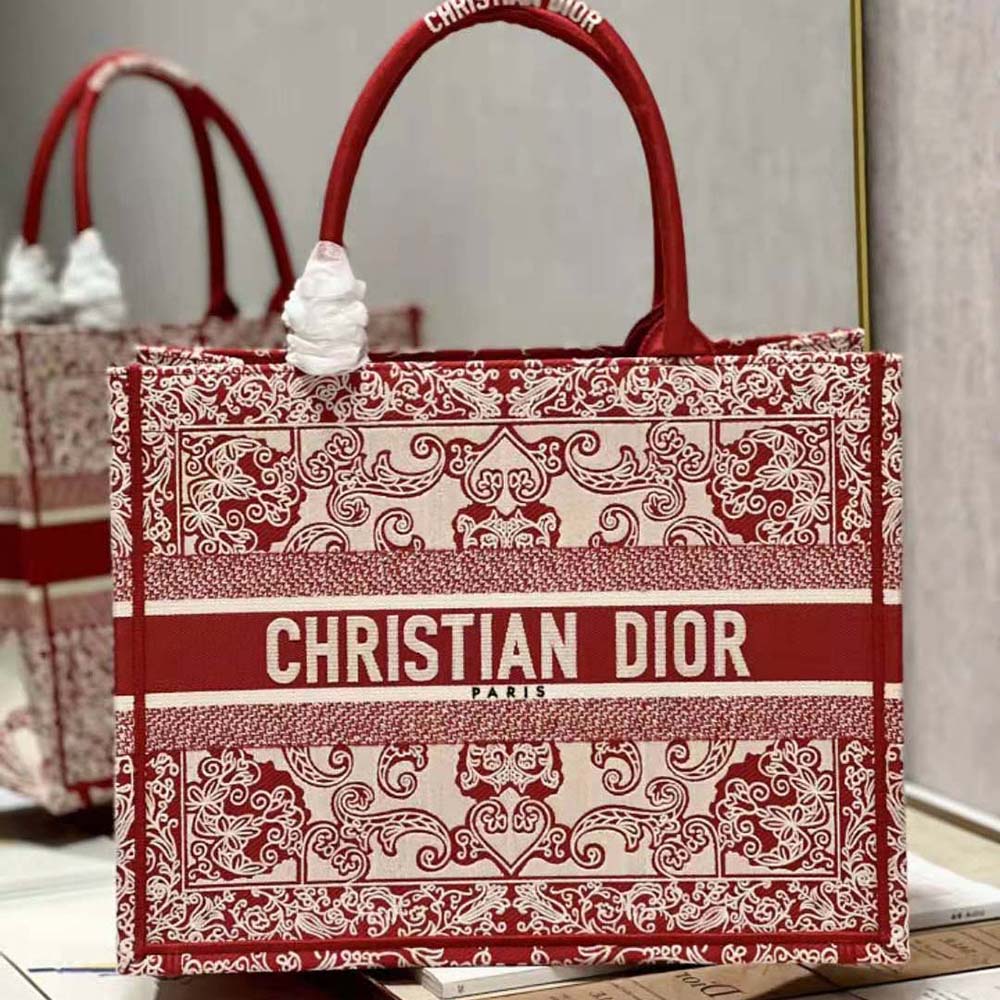 Close-up detail of red bandana embroidery on Dior Women Medium Dior Book Tote