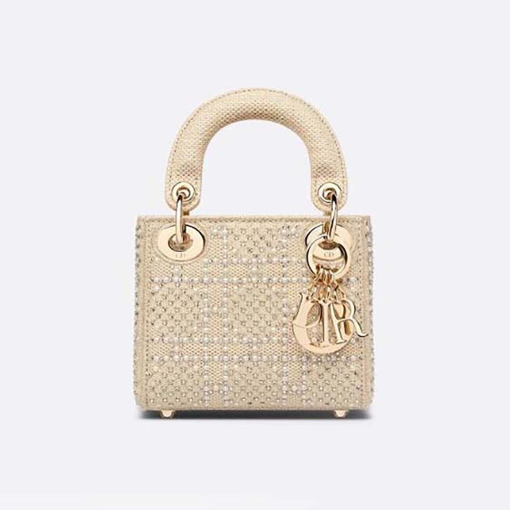Front view of Dior Women Micro Lady Dior Bag Beige Canvas with crystals