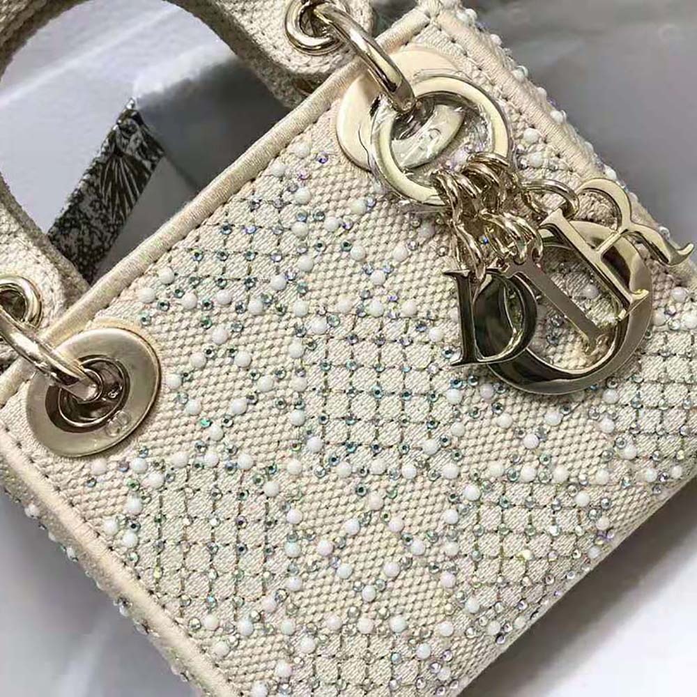 Dior Women Micro Lady Dior Bag Beige Canvas Embroidered with Metallic Thread Beads and Multicolor Crystals - image 8
