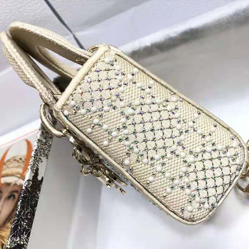 Dior Women Micro Lady Dior Bag Beige Canvas Embroidered with Metallic Thread Beads and Multicolor Crystals - image 4