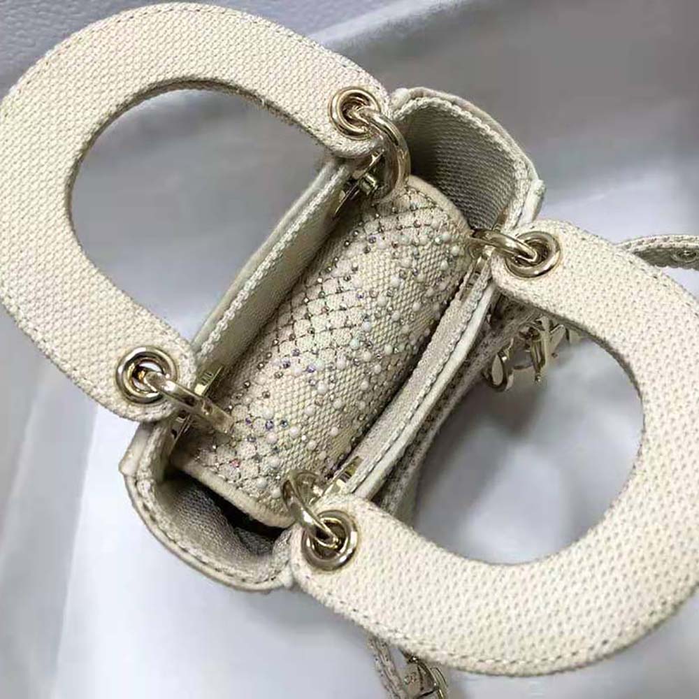 Dior Women Micro Lady Dior Bag Beige Canvas Embroidered with Metallic Thread Beads and Multicolor Crystals - image 6