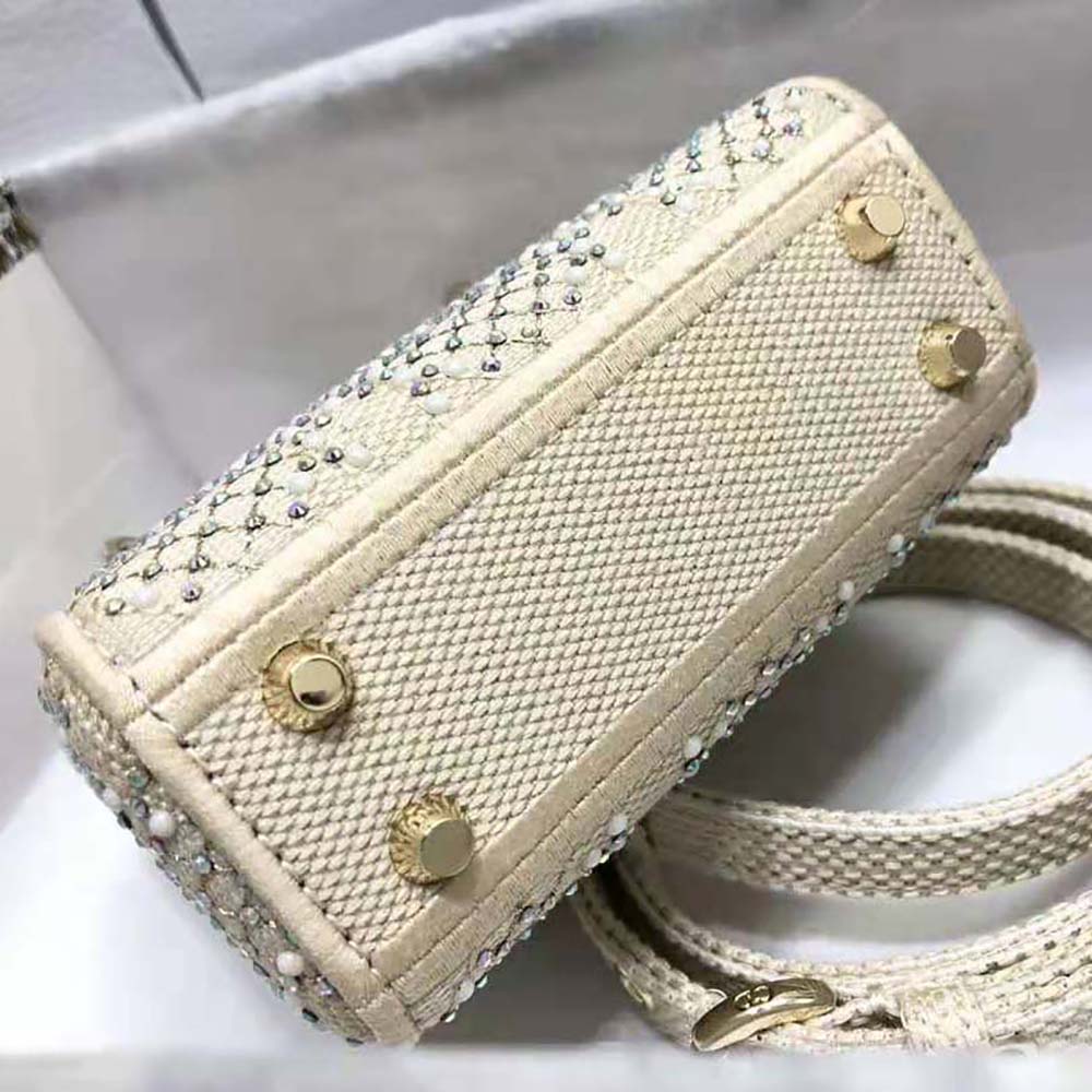 Dior Women Micro Lady Dior Bag Beige Canvas Embroidered with Metallic Thread Beads and Multicolor Crystals - image 5