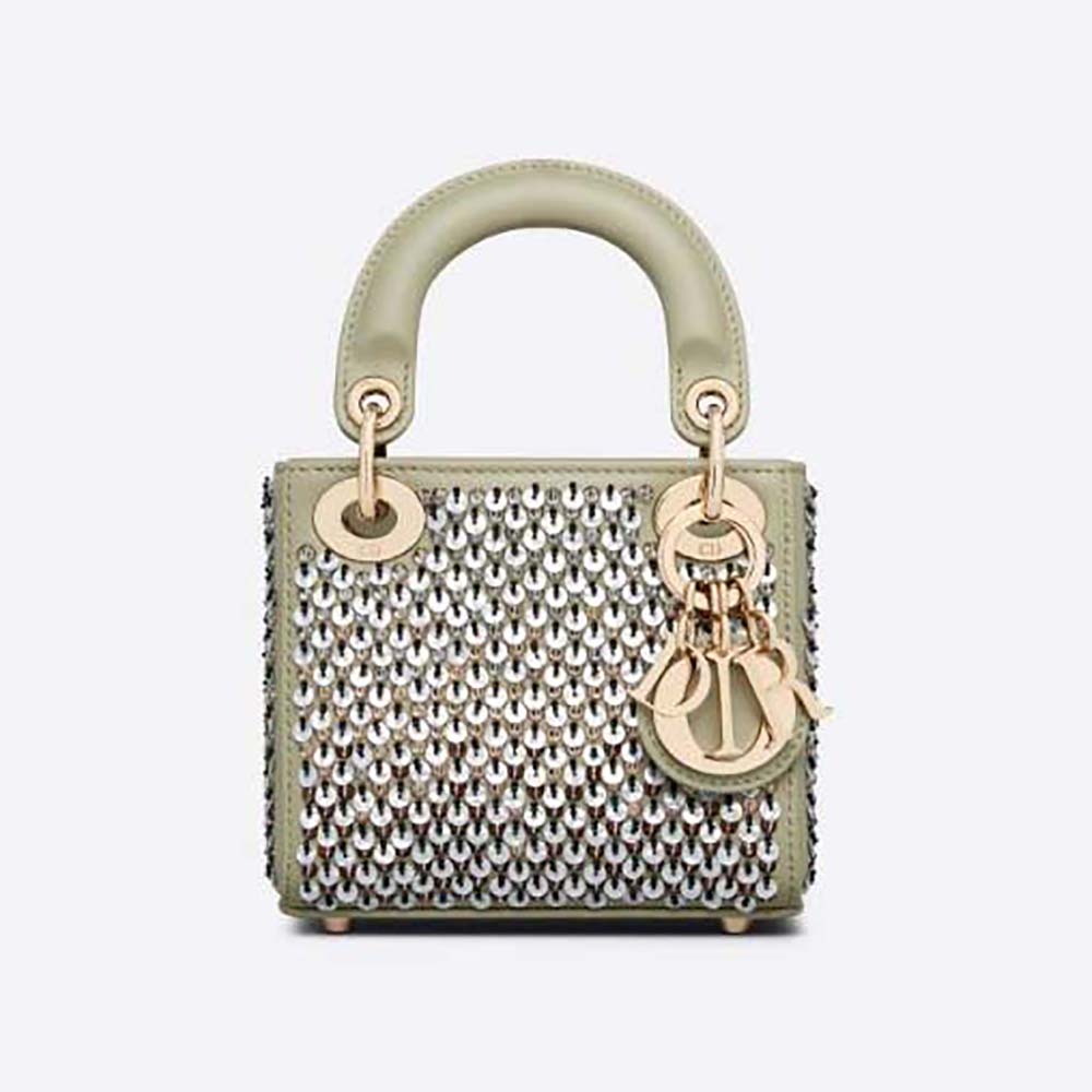Front view of Dior Women Micro Lady Dior Bag Sage Green with sequins