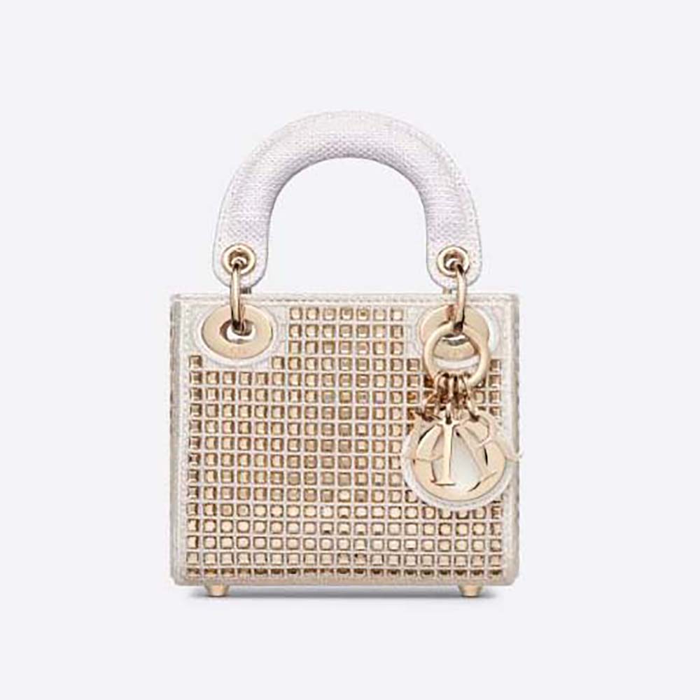 Front view of Dior Women Mini Lady Dior Bag Square Embroidery Set white