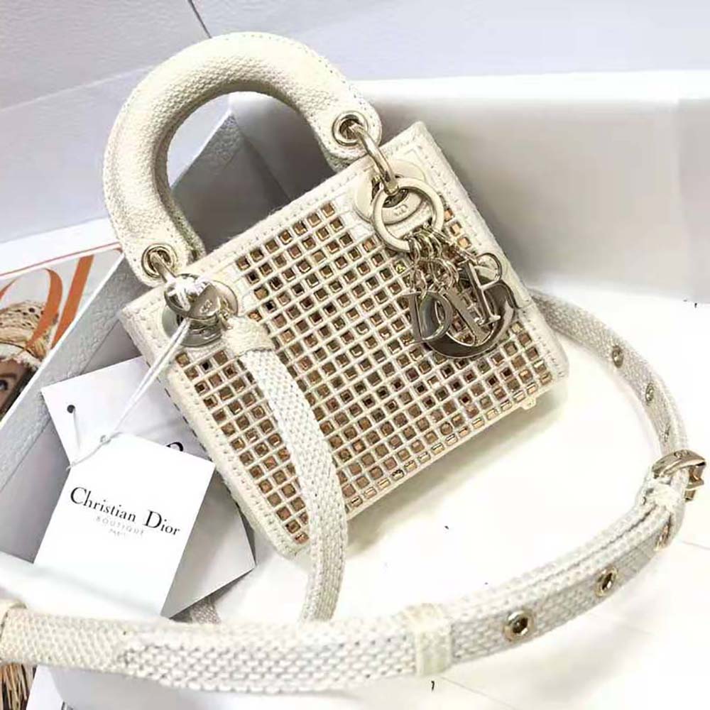 Close-up of multicolor strass embroidery on Lady Dior bag white