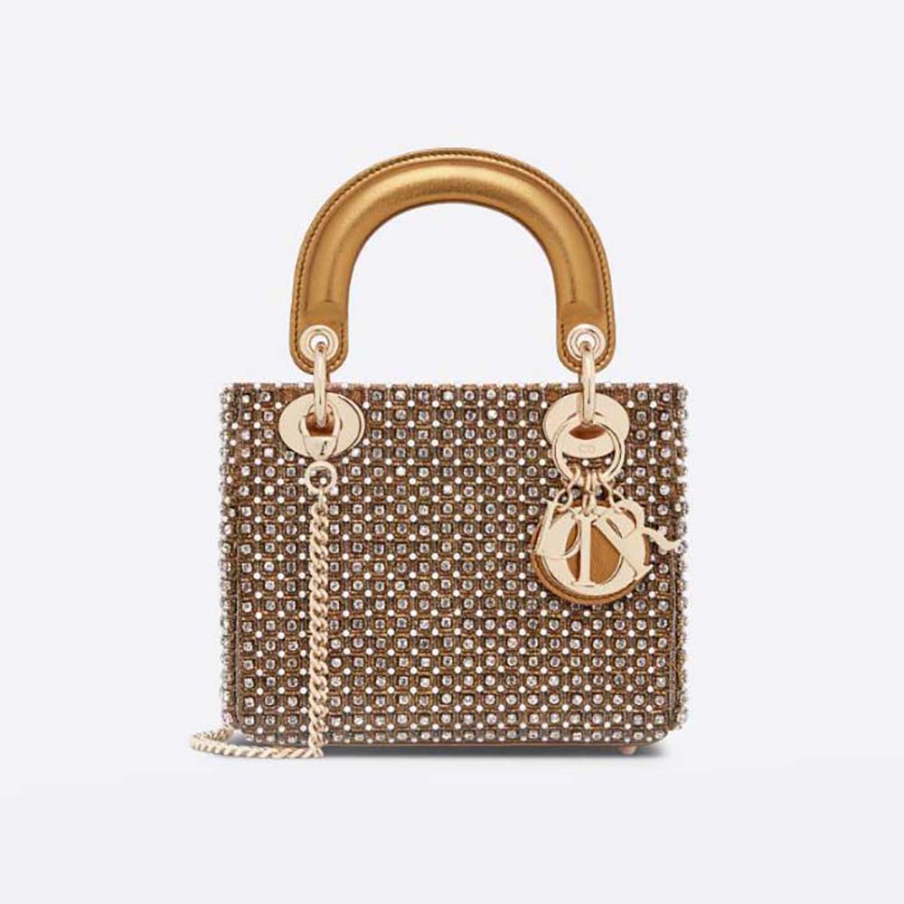 Front view of Dior Women Mini Lady Dior Bag Square-Pattern Embroidery Set in gold
