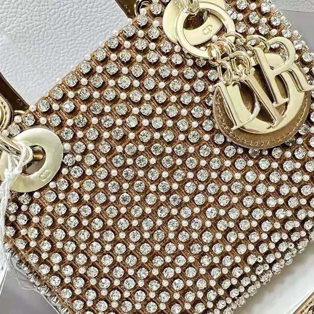 Dior Women Mini Lady Dior Bag Square-Pattern Embroidery Set with Strass and White Round Beads - image 7