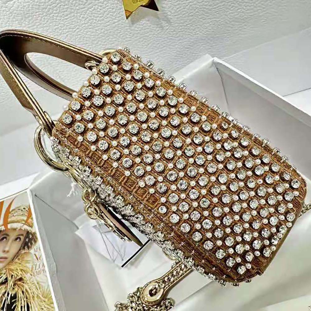 Dior Women Mini Lady Dior Bag Square-Pattern Embroidery Set with Strass and White Round Beads - image 4